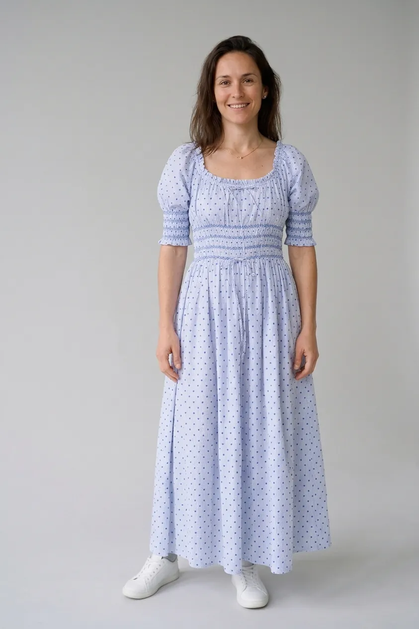 Emeline Dress- Lyon Blue, tried on