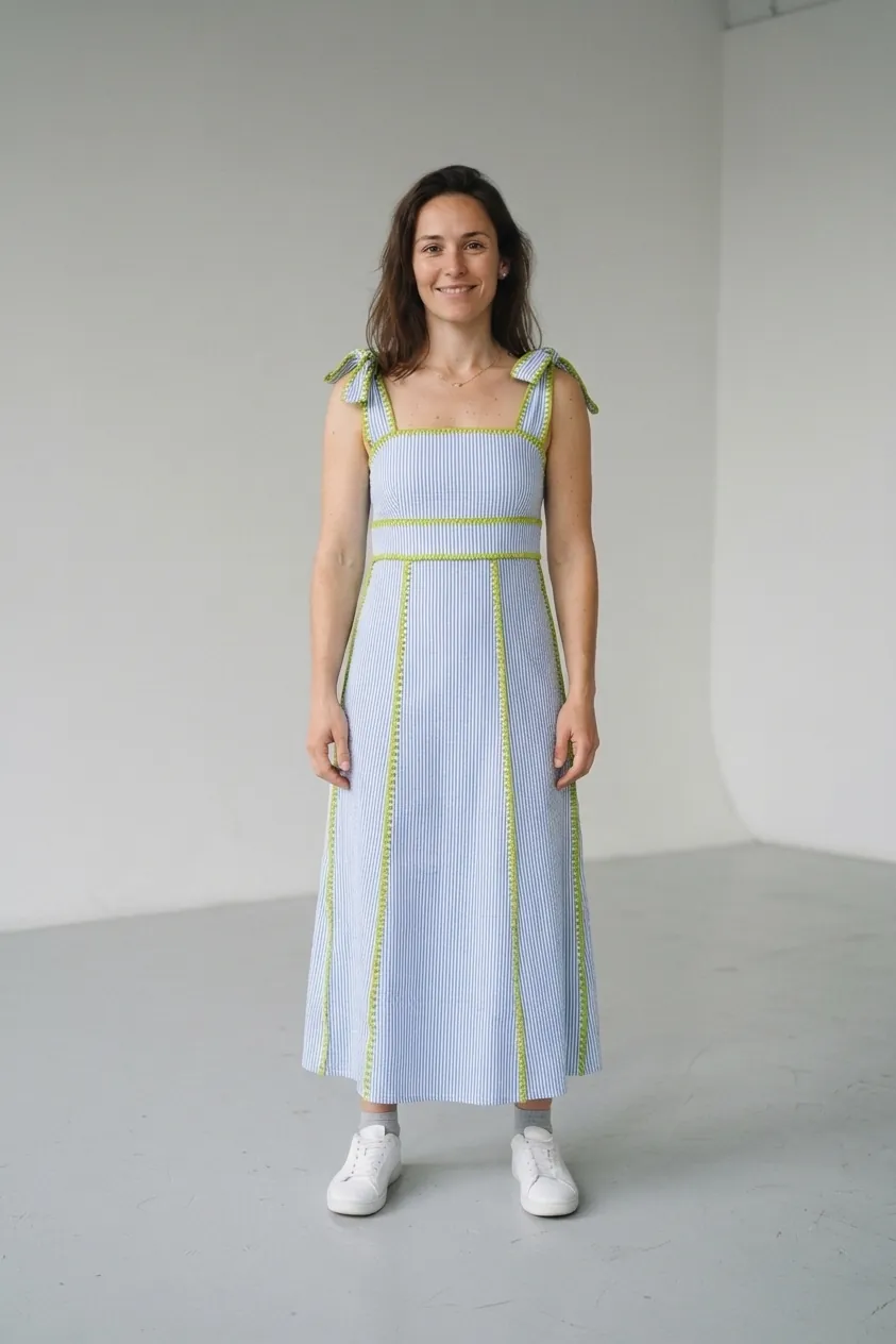 Sabrina Dress Blue Seersucker with Lime Whipstitch, tried on