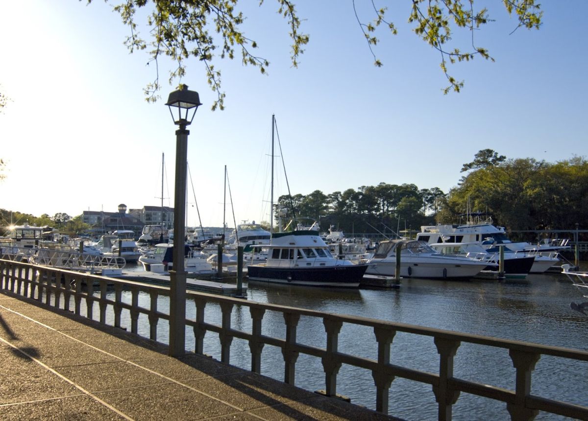 Boats on their slips at Shelter Cove Harbour on Hilton Head