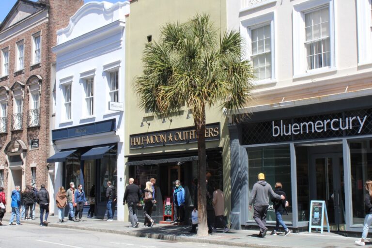 Shoppers walking the King Street pavement in Charleston past awnings and a palmetto, with the Half-Moon Outfitters and bluemercury shopfronts behind them.
