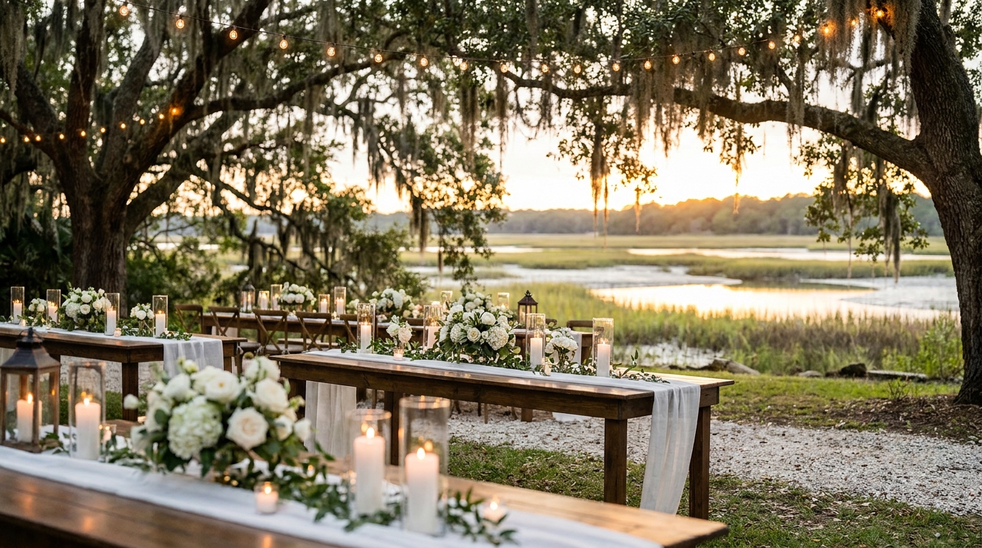 A long table laid beneath moss-draped oaks at the edge of the marsh at golden hour
