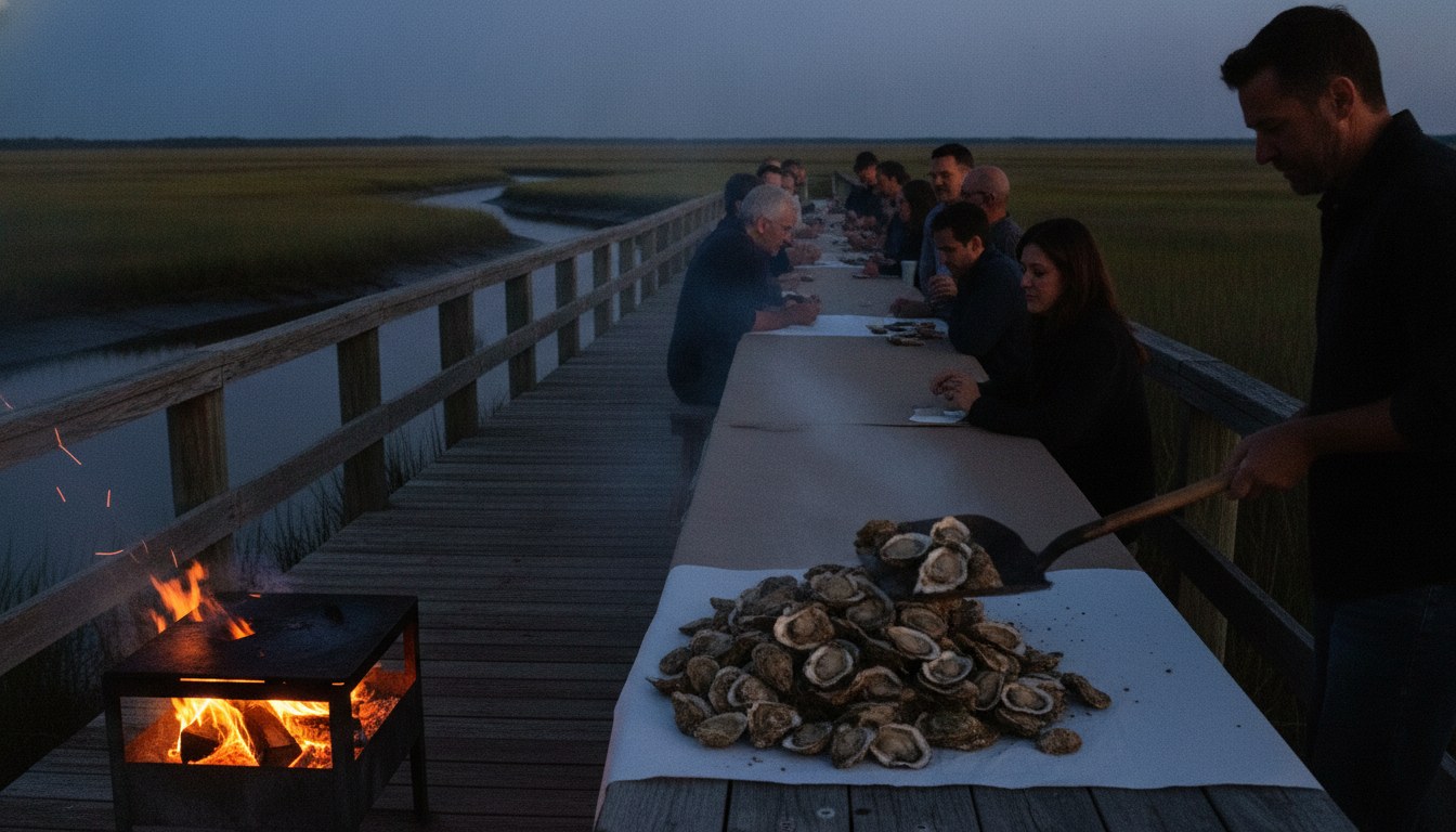 A shovel tipping steaming oysters onto a long communal table on a marsh dock at dusk, with a wood fire burning alongside.