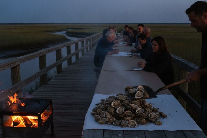 A shovel tipping steaming oysters onto a long communal table on a marsh dock at dusk, with a wood fire burning alongside.