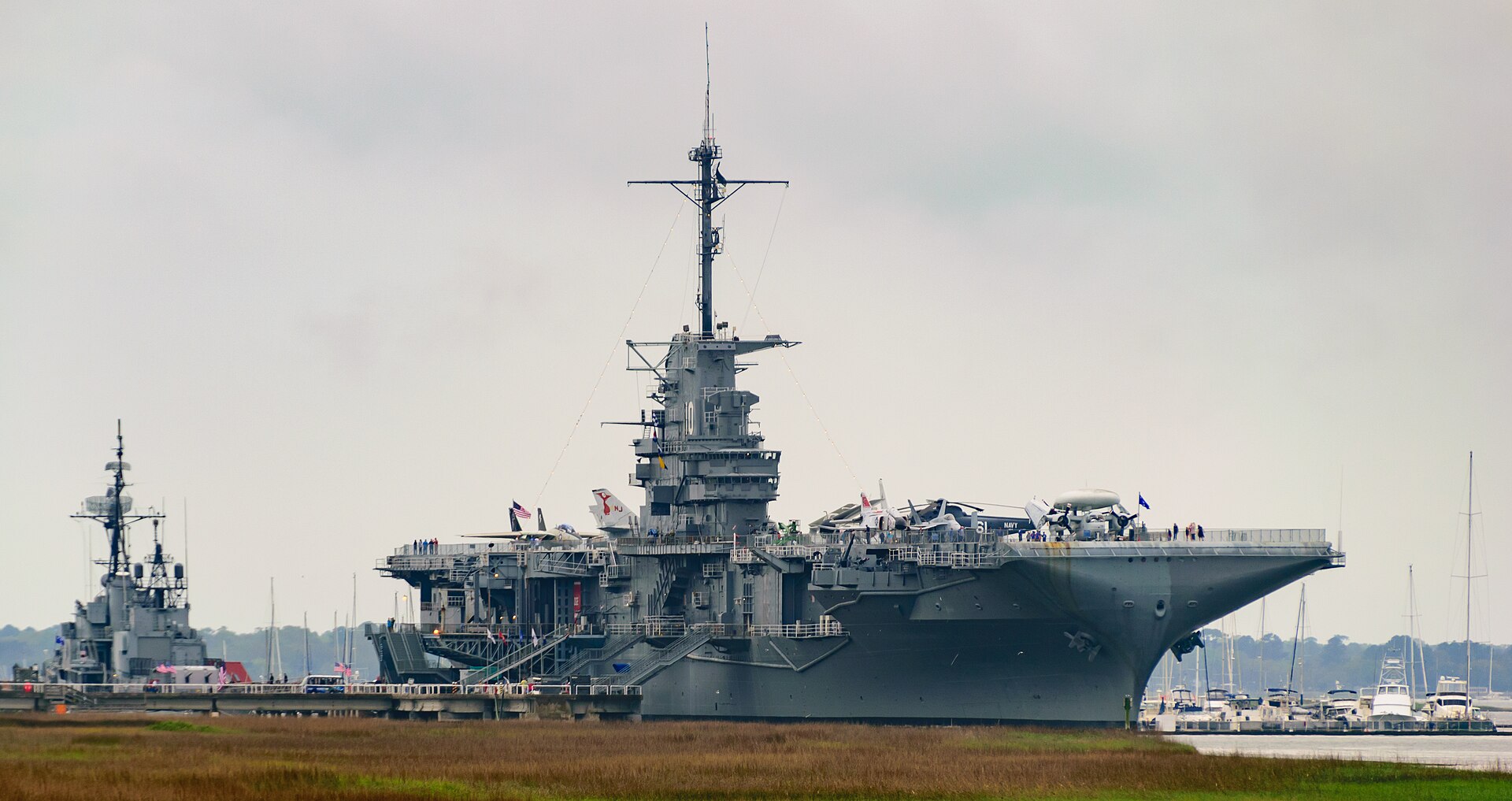 The USS Yorktown and USS Laffey at Patriots Point, seen across the marsh from Charleston Harbor